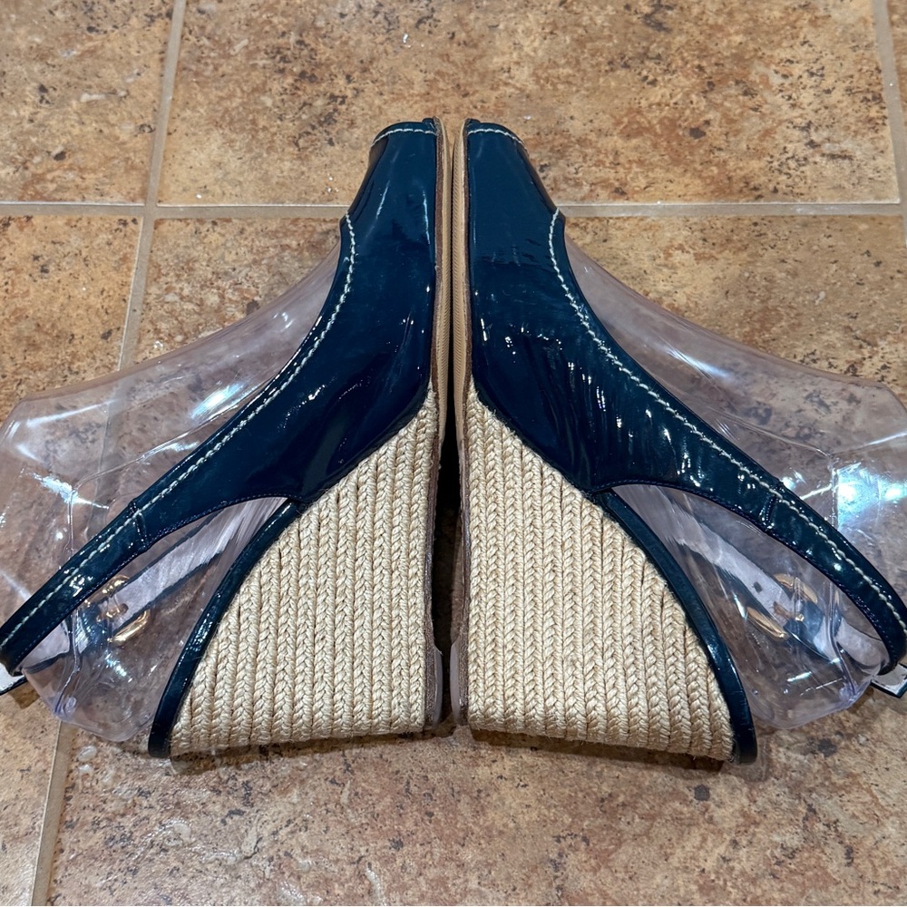 Prada Black‎ Patent Leather Peep Toe Espadrille Wedge Pumps Size 37 - Picture 10 of 14